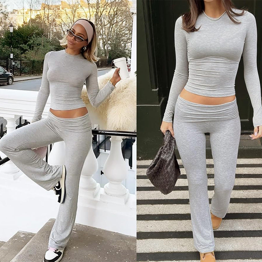 Women's Long Sleeve Crew Neck Flared Pants Two-Piece Set