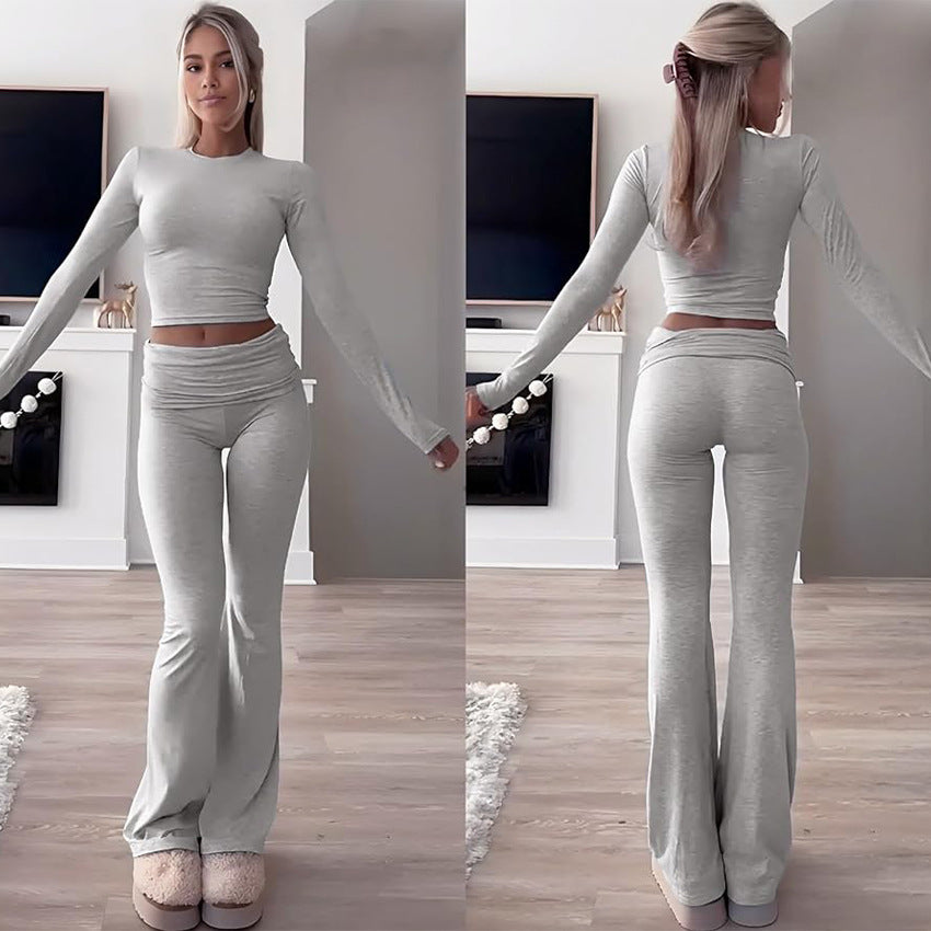 Women's Long Sleeve Crew Neck Flared Pants Two-Piece Set
